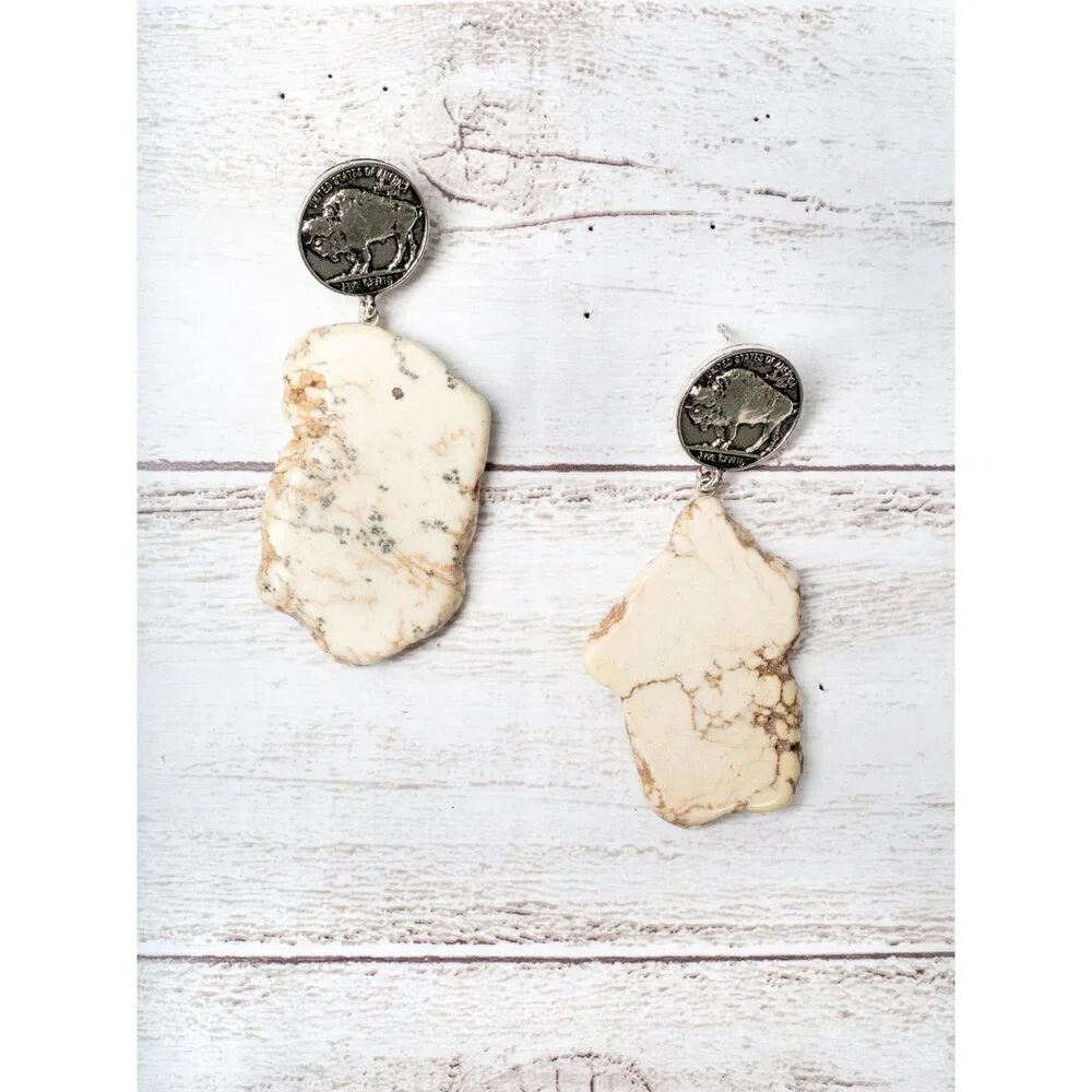 Howlite Rock Slab With Buffalo Nickel Coin Fashion Earrings